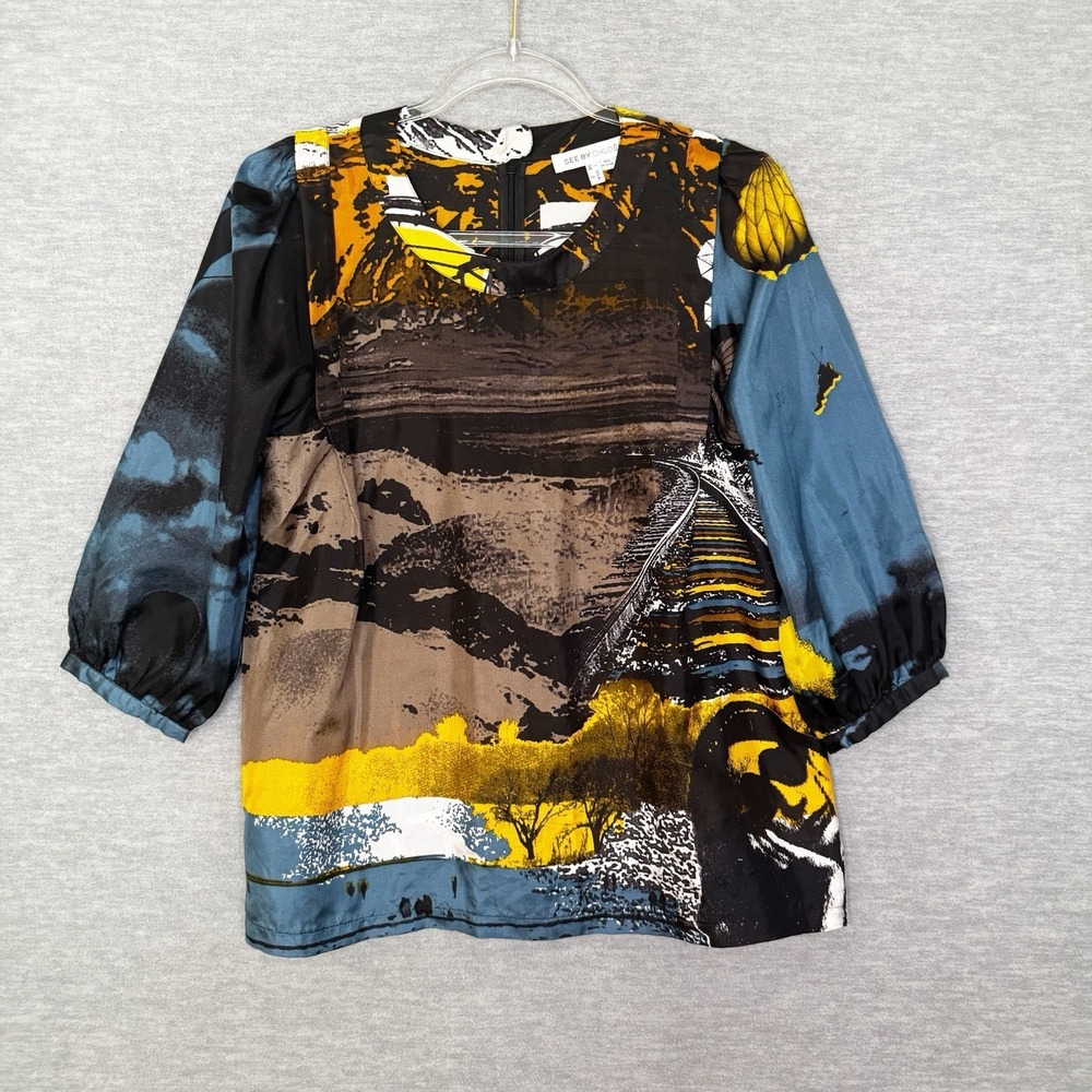 See By Chloe 100% Silk Blouse Top Shirt Abstractβ Career Watercolor Unique Art
